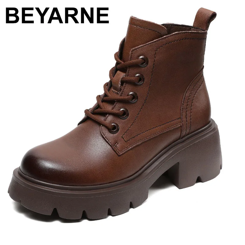 

2025 Women Genuine Leather Boots Autumn Winter Warm Shoes Ladies Lightweight Thick High Heel Platform Casual Ankle Boots