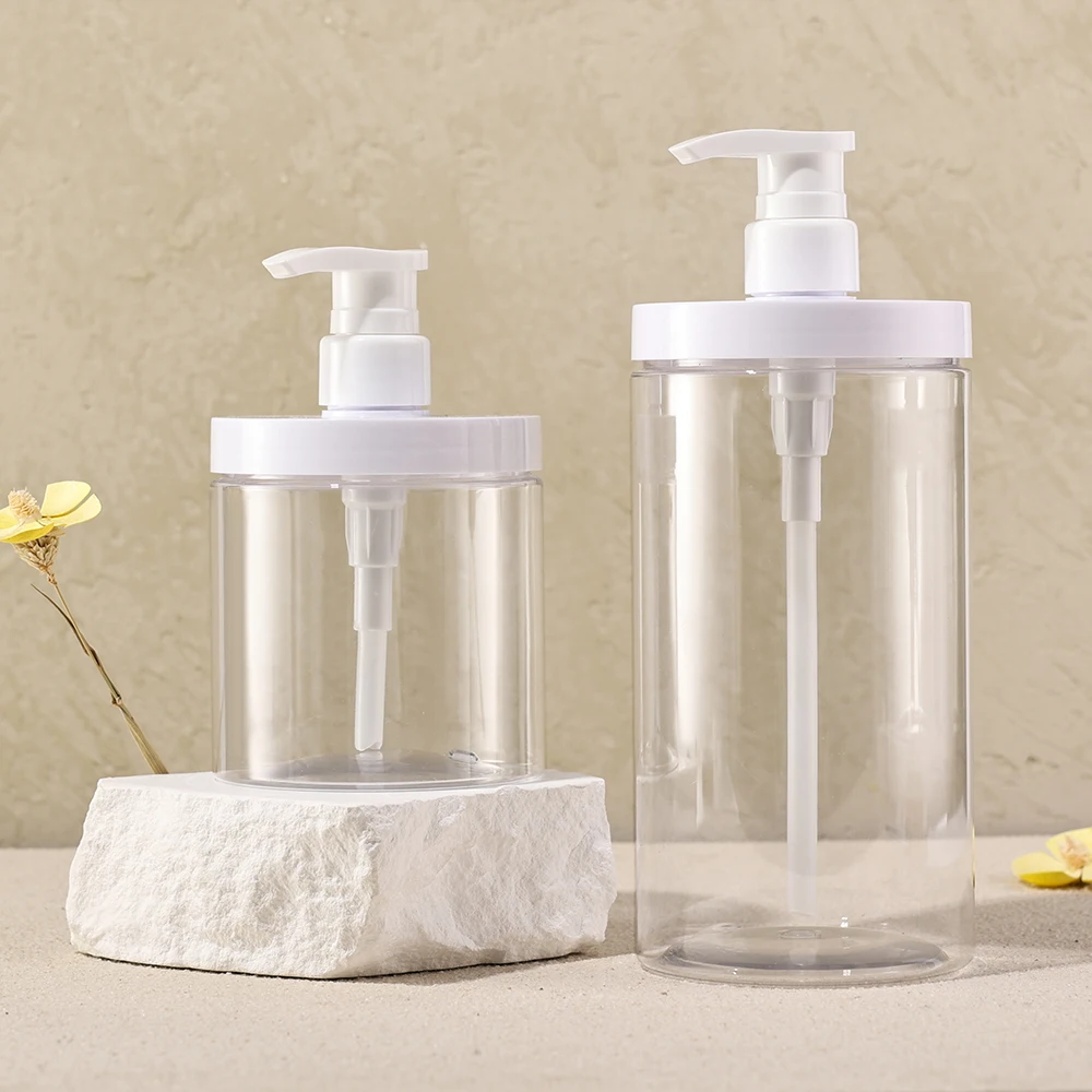 1pc 500ml/1000ml Pump Bottle Dispenser Plastic Refillable Bottles Wide Mouth Style Refillable Empty for Travel Shower Soap