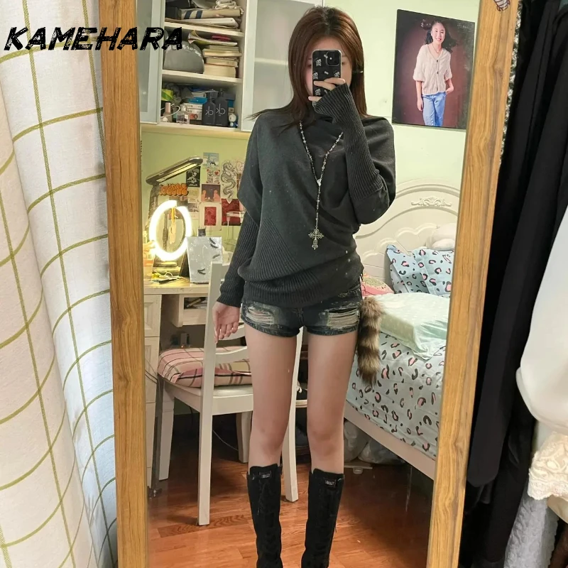 KAMEHARA بلوفرات أمريكية أنيقة غير متناظرة طويلة محبوكة بأكمام تشبه جناح الخفّاش Y2k Harajuku سترات خريفية للسيدات للمكتب سترات فاسق #1