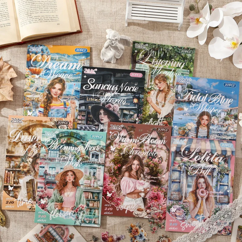 20 Blatt großes Vintage-Mädchen-Lifestyle-Themen-Stickerbuch, Retro-Tageszene und elegante weibliche Designs, selbstklebend