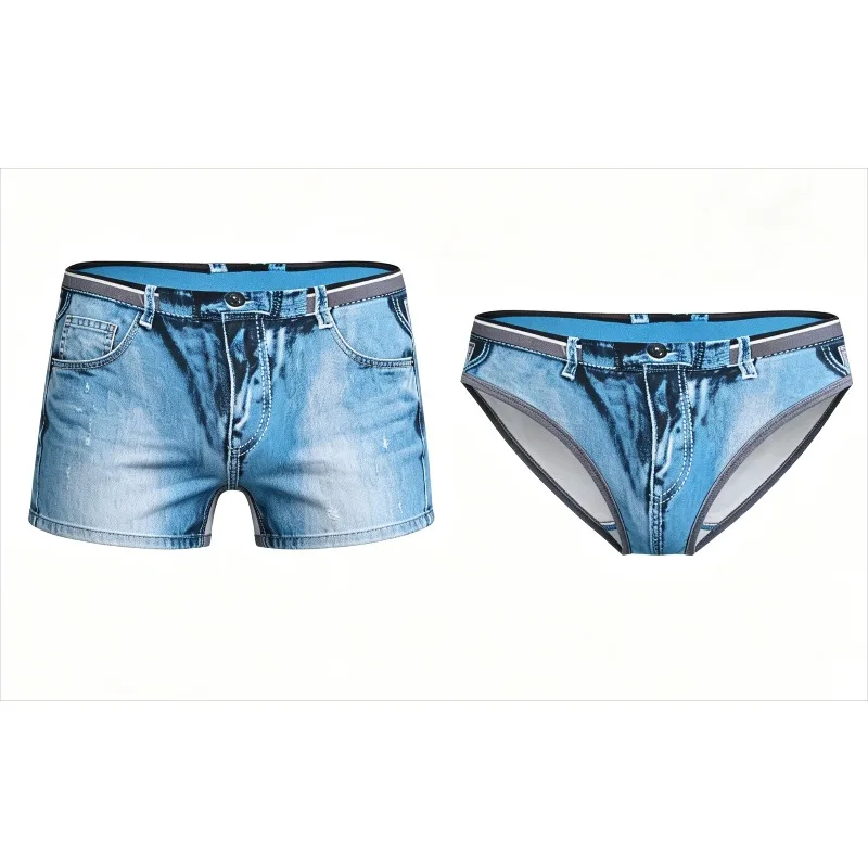 Combination cross-border new men's imitation denim printed triangle swimming trunks quick-drying trend triangle sand UXH377