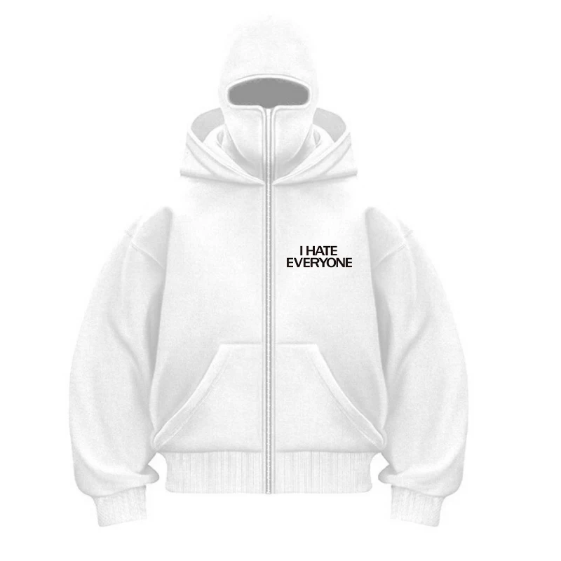 Winter Men Women White Zipper Hoodie Face Mask Letter Pattern Print High Street Casual Unisex Style Loose Sweatshirts Outerwear