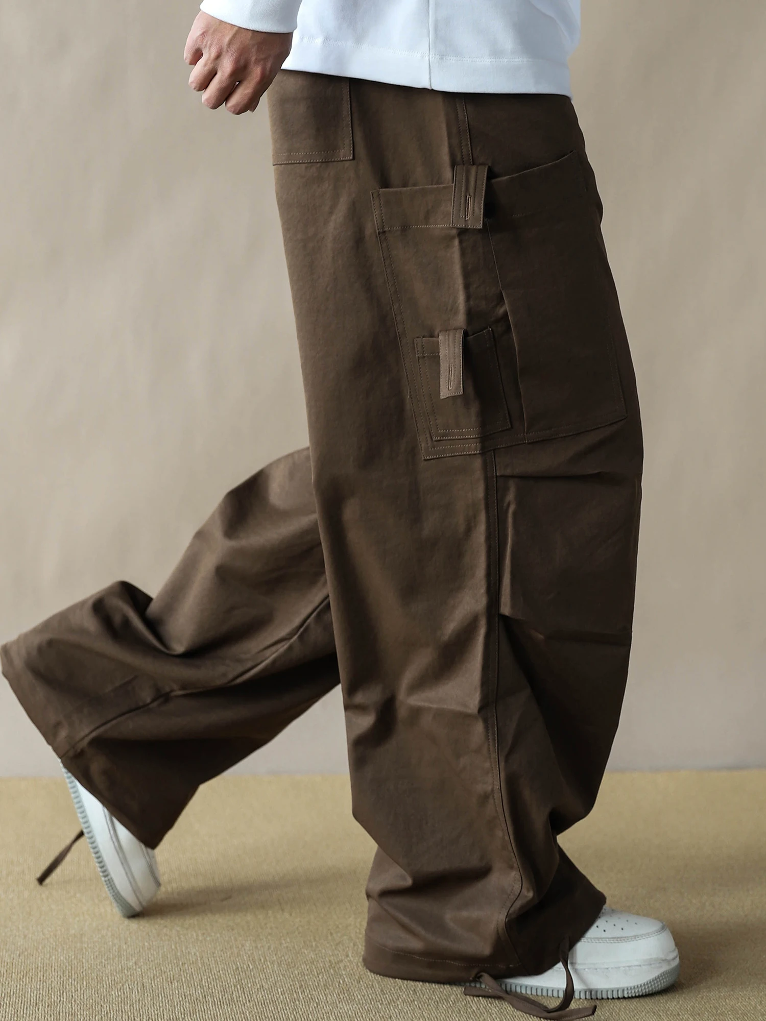 

American Workwear Sle Multi-ket Straight Leg Pants Loose Casual Trousers Wide Leg Trendy Coffee Color for Men And Women