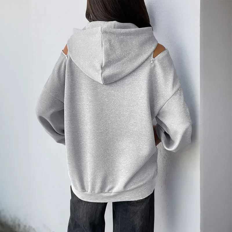 

Emale Pure Color High-grade Gray Off-shoulder Pocket Sweater Women's New Style Long-sleeved Drawstring Hooded Pullover Sweater F