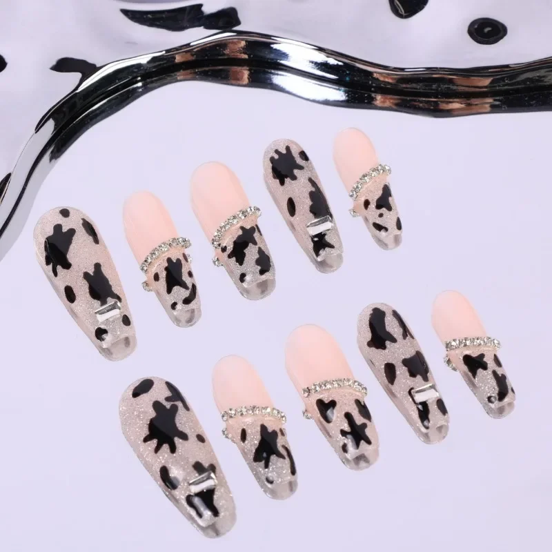 

Luxury Handmade Press-On False Nails Long Ballet Shape with Glitter Leopard Print & Rhinestone Chain Glossy Mixed Color