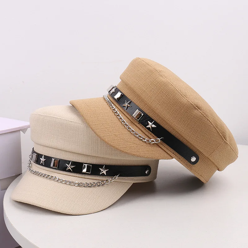 Immagine 4: Cappelli da Capitano Stile Militare Retrò con Emblema Ancora in Metallo, Catena a Stella e Rivetti, Accessorio per Feste a Tema