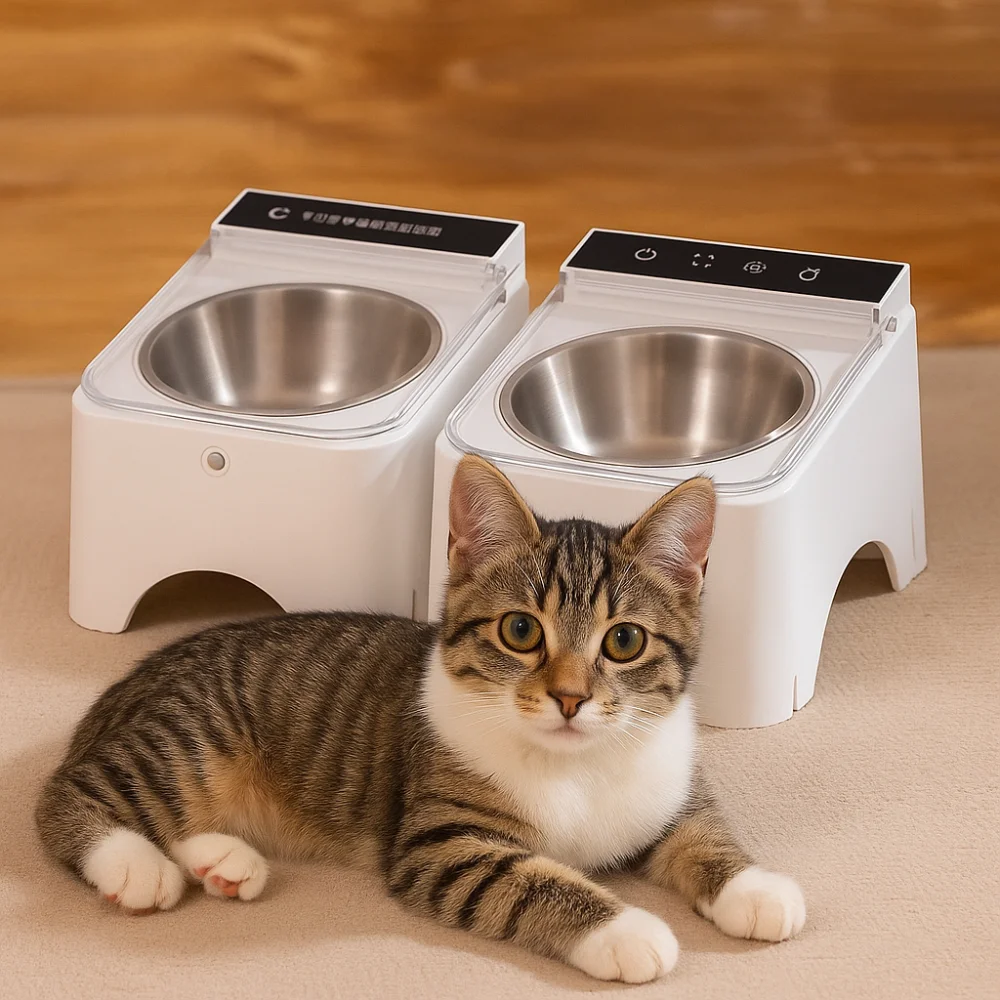 

Dust-proof Smart Cat Bowl Auto Open Cover Protect Neck Automatic Cat Food Dispenser Raised Detachable Infrared Sensor Pet Feeder