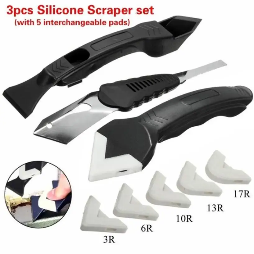 3 Pcs Set Silicone Scraper Caulking Grouting Tool Sealant Finishing Cleaning Kit Kitchen Window Cleaner Scraper Set Remover