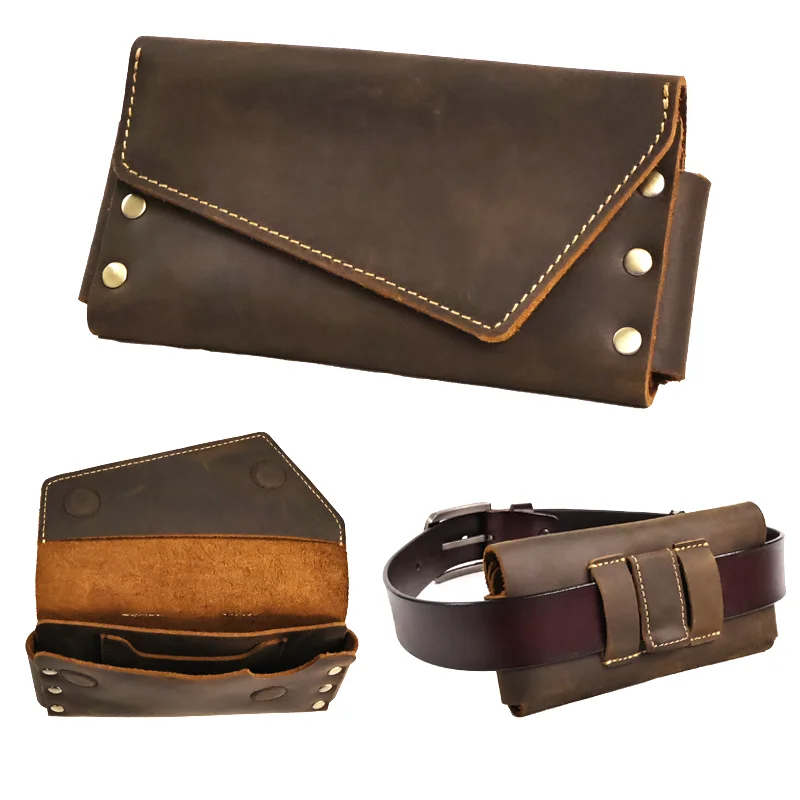 RIYAO Genuine Leather Vintage Dual Layer Flip Phone Holster Wallet Case Belt Clip Waist Bag Outdoor Travel Phone Bag Purse Men