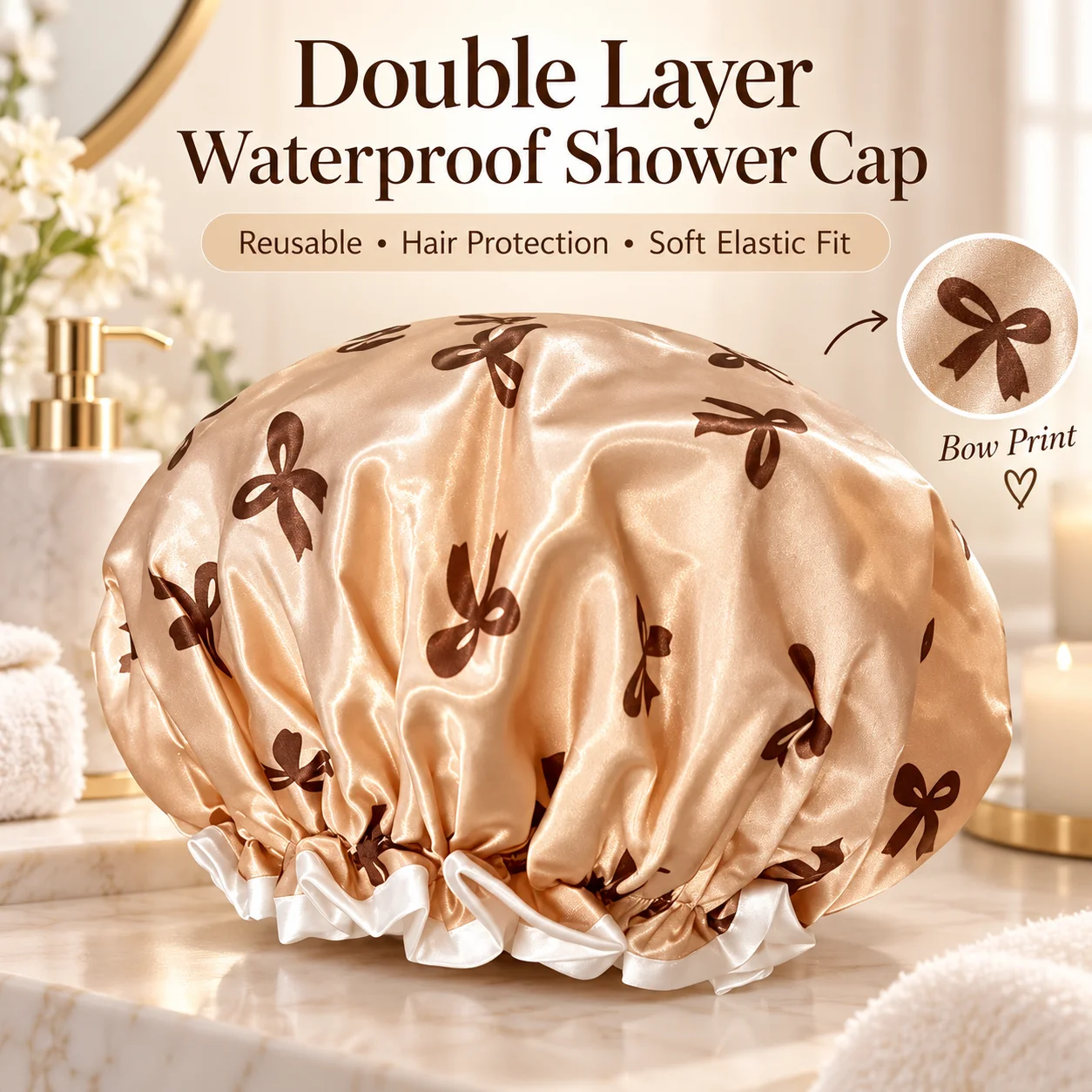 Double Layer Waterproof Shower Cap for Women Satin Bow Print Reusable Bath Hair Cap Elastic Hair Protection Spa Bathing Cap