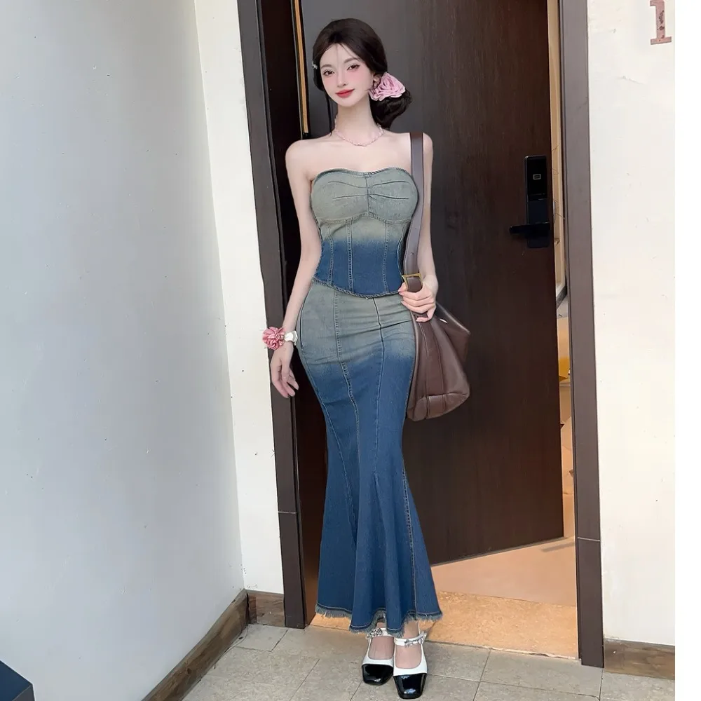 

Summer 2025 Vintage Gradient Denim Tube Top High Waist Fish Tail Long Skirt Two Piece Set One Shoulder Women's Cotton Blend