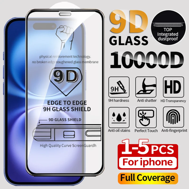 1-5Pcs 9D Tempered Glass Screen Protector For iPhone 16 Pro Max 11 15 14 13 12 Mini Xr X Xs Max 7 8 Plus Se 6s 13 15 16 pro Max