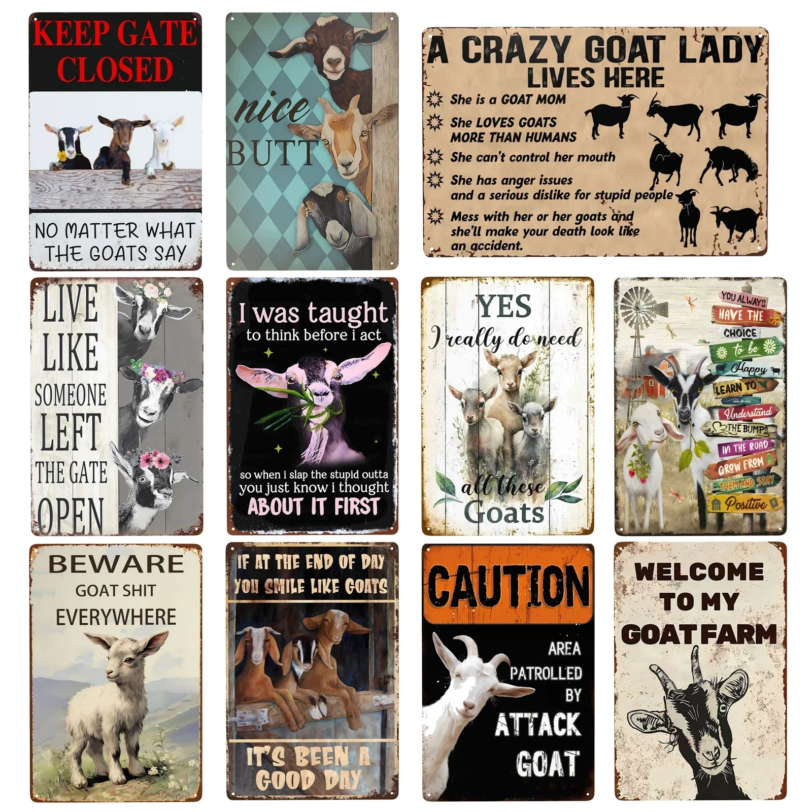 1pc Vintage Funny Goat Metal Sign Live Like Someone Left The Gate Open Wall Decor for Home Living Room Garage Cafe Bar 8x12 Inch