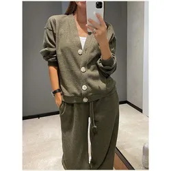 Autumn Winter Women's Clothing Fashion Single Breasted Casual Sports Suit solid Cardigan Top Lace Up Pants Two-piece Set Women