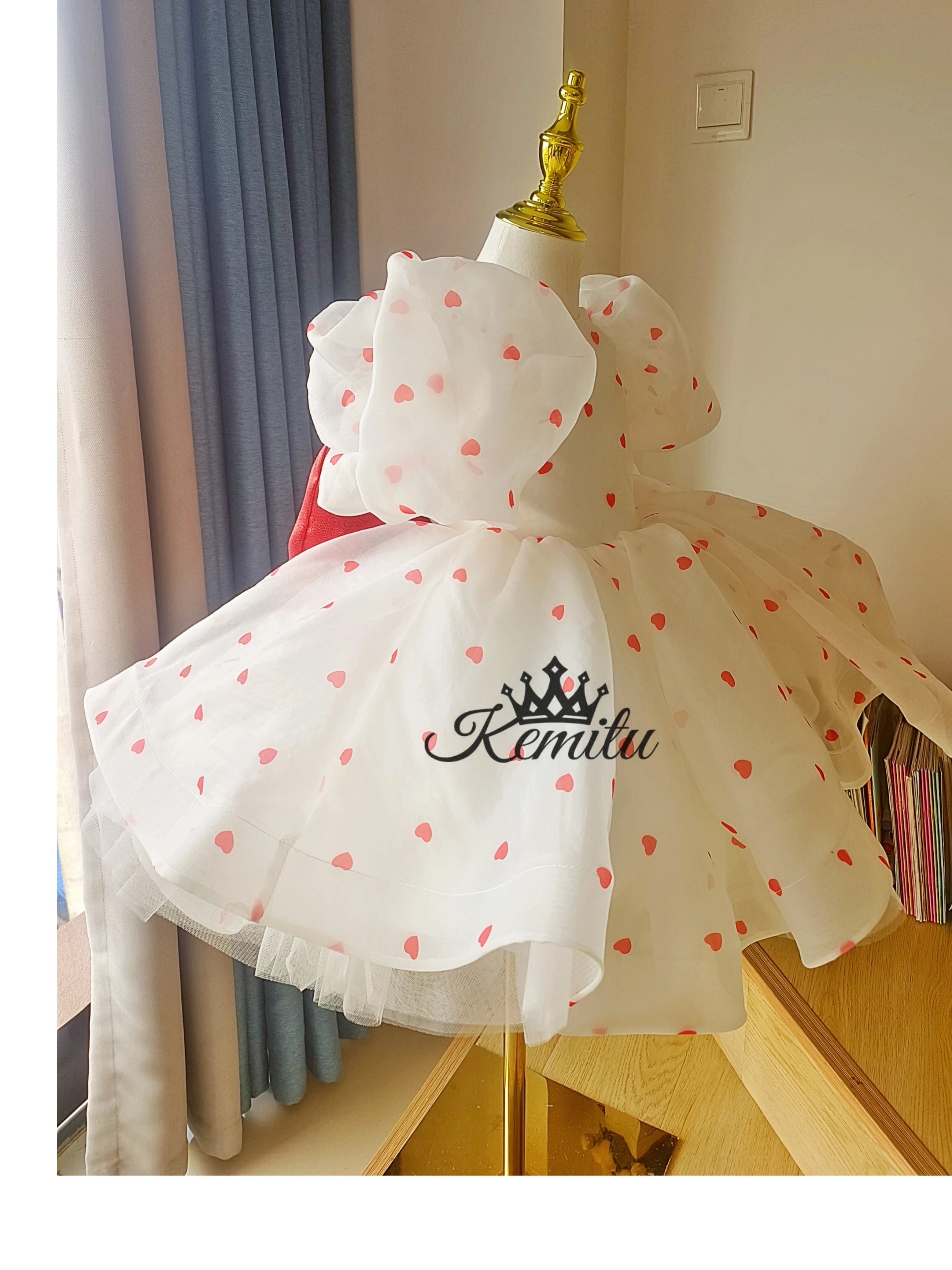 Robe de princesse personnalisée pour petites filles, à fleurs, à manches bouffantes, avec gros nœud, pour fête de 1er anniversaire