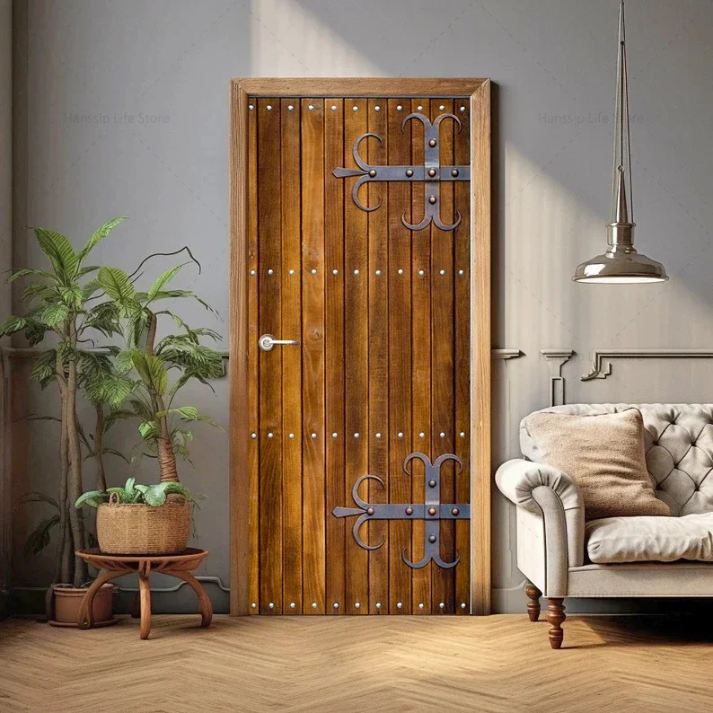 Retro Brown Wood Texture Background Door Sticker Self Adhesive Wooden Design Door Poster Wallpaper Home Decoration Stickers