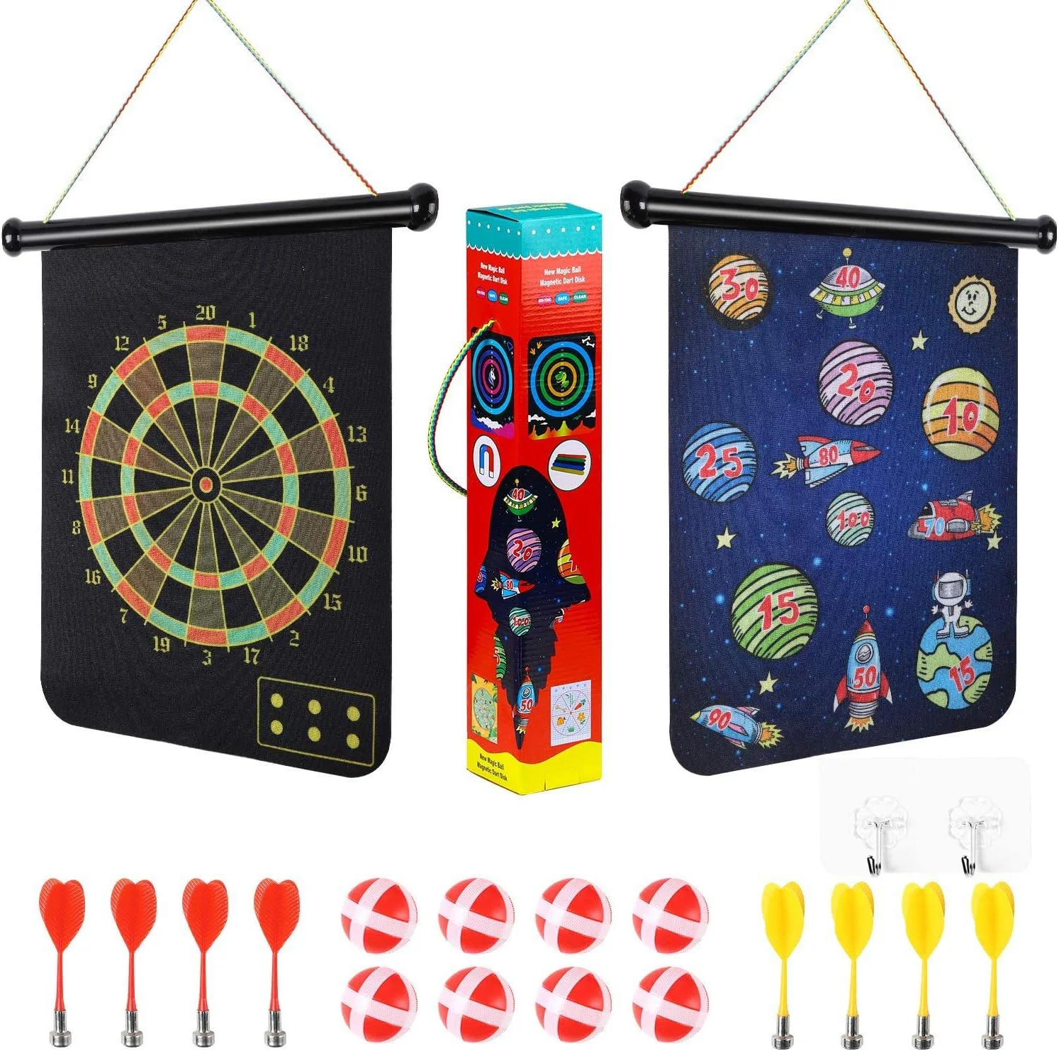 17 Pcs Magnetic Dart Boart Space Theme Double Sided Hanging Dart Board Game  for Indoor Outdoor Game