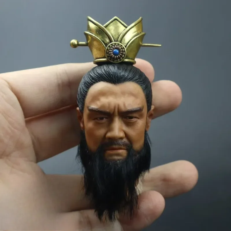 1/6 Scale Ancient Chinese Head Carving True Beard Cao Cao Head Scupt with Iron Absorbing Hair Crown Model for 12'' Action Figure