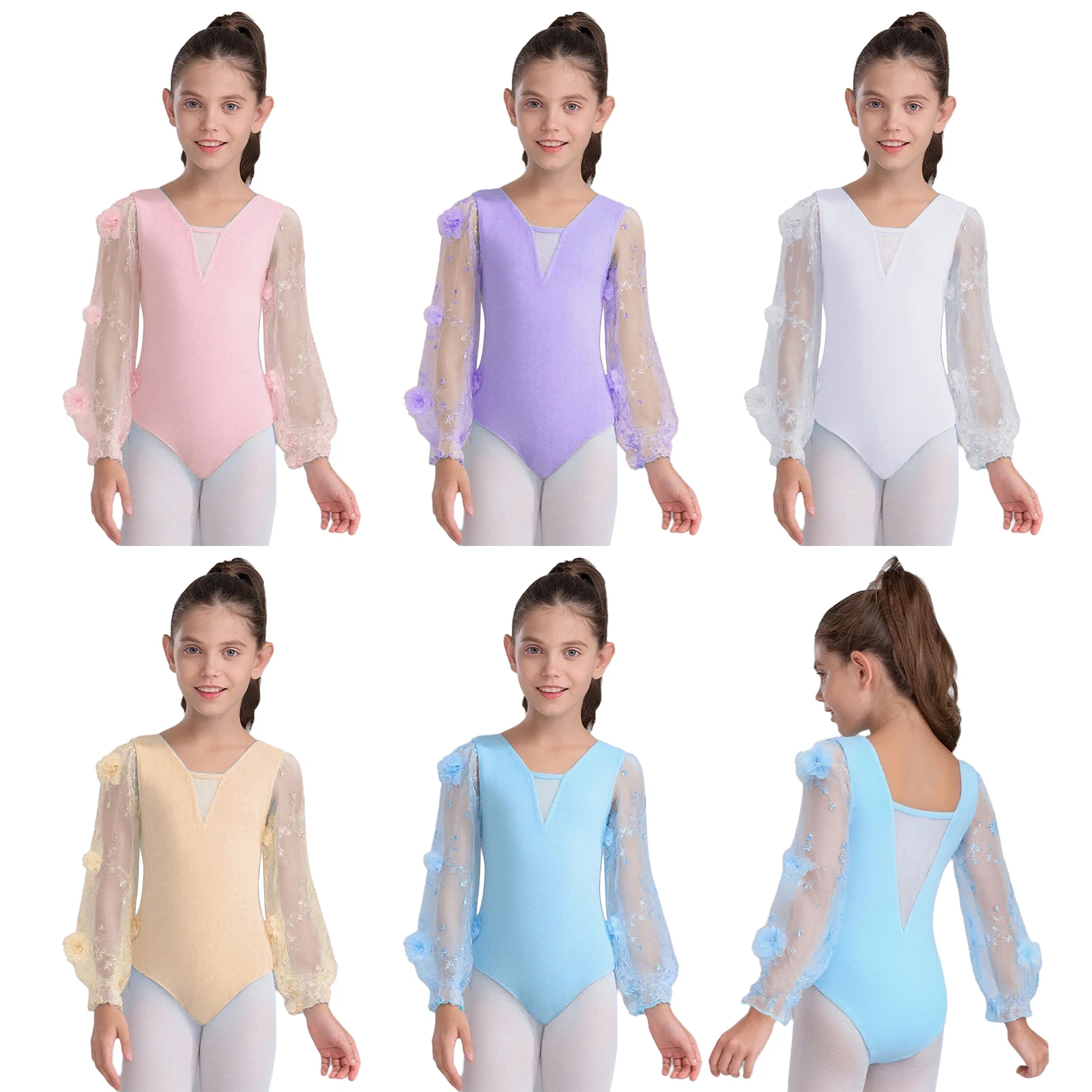 Justaucorps de danse à fleurs 3D pour enfants filles, Costume de spectacle, col en v brodé, maille transparente, manches longues bouffantes, justaucorps de Ballet
