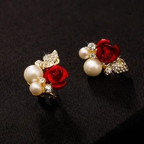 Delysia King 1 Pair Grace Women Trendy Red Rose Butterfly Ear Stud Anti Allergy Pearl High-grade Crystal Bridal Earrings