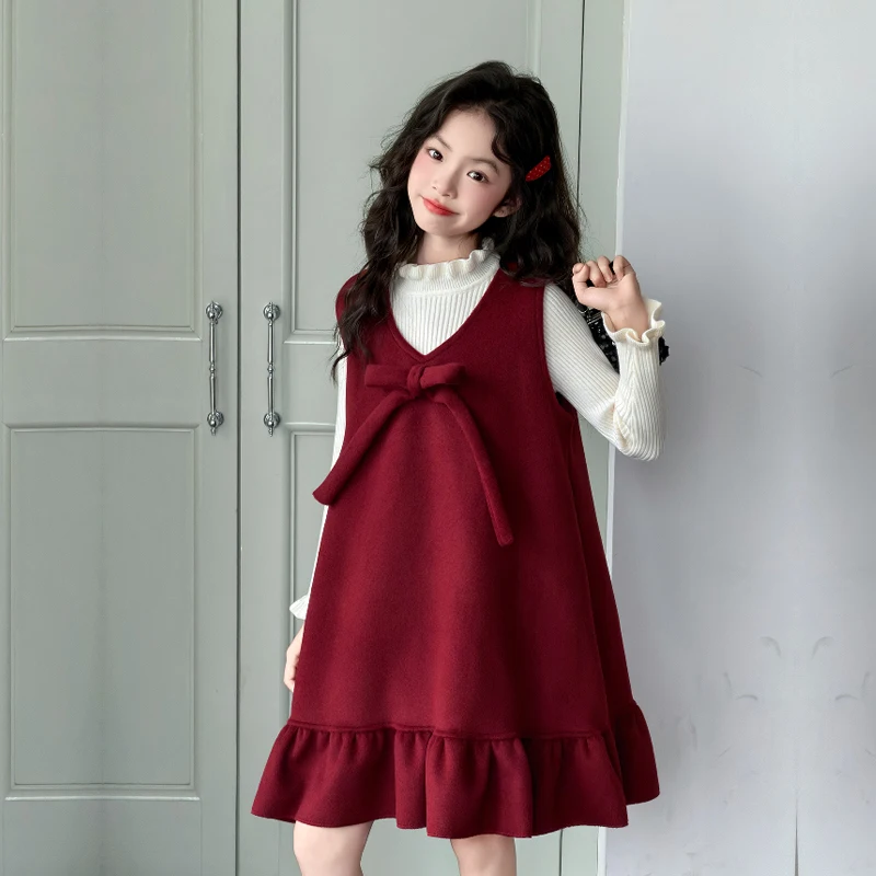 

2-Piece Set Princess Dresses Girls Red Sleeveless Jumper Dress + T-shirt New Year's Party Dress for Young Girl 5-15Years Old
