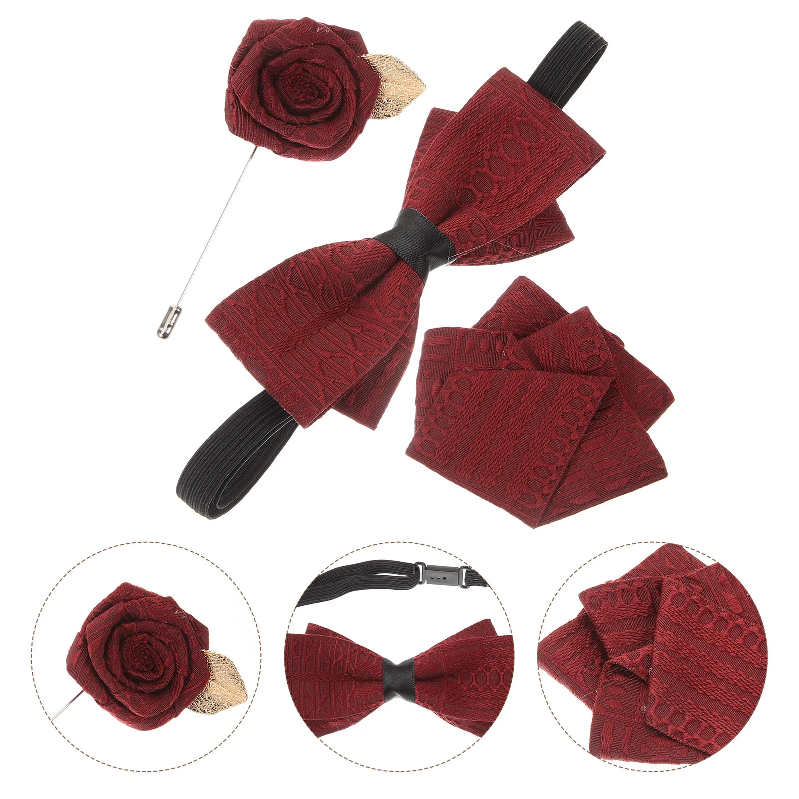 

1 set Lapel Bow H kerchief Set Groom Accessories Fabric Cloth Mens Suits Tuxedo Brooch Tuxedo Lapel Pin For Men Wine Red