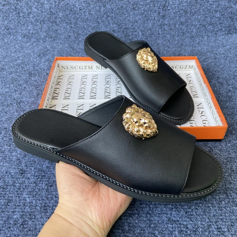 

38-48 Lion head brand slippers luxury original shoes for man black designer slides summer casual business