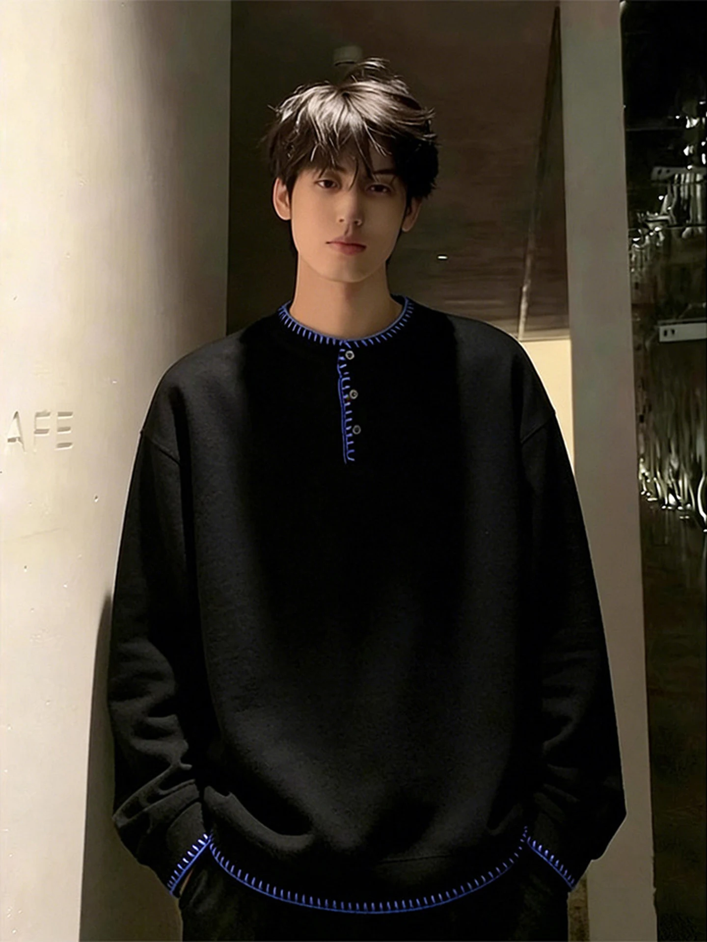 Bla Henry Collar Long Sve T-irt Men's Spring Color Blo Hand Sewn Sweatirt Retro Money Sle Inner Wear Top