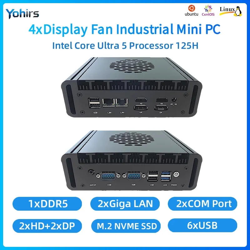 Fan Mini Pc Intel Ultra 5 125H 2Lans 4K 2HDMI 2DP Desktop Mini Computer WiFi 2xRS232 COM Windows11 Ubuntu PXE Firewall Router