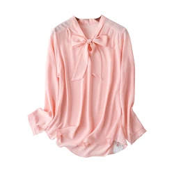 Blusa de seda de morera para mujer, camisa de manga larga con lazo para oficina, 100% natural