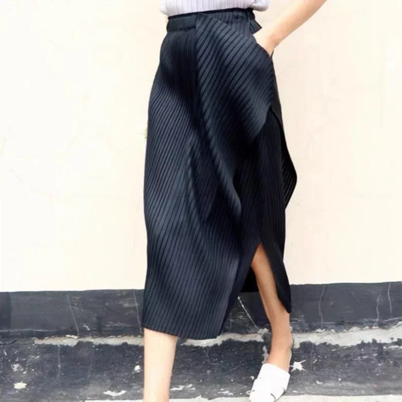 Irregular Hem Pleated Midi Skirt for Women Miyake Style High Waist Side Split Skirt Minimalist Pleated Skirt
