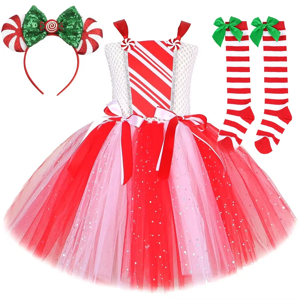 

Sparkly Christmas Candy Costumes for Girls White Red Xmas Party Dresses with Bow Socks New Year Tutu Outfit Holiday Clothes