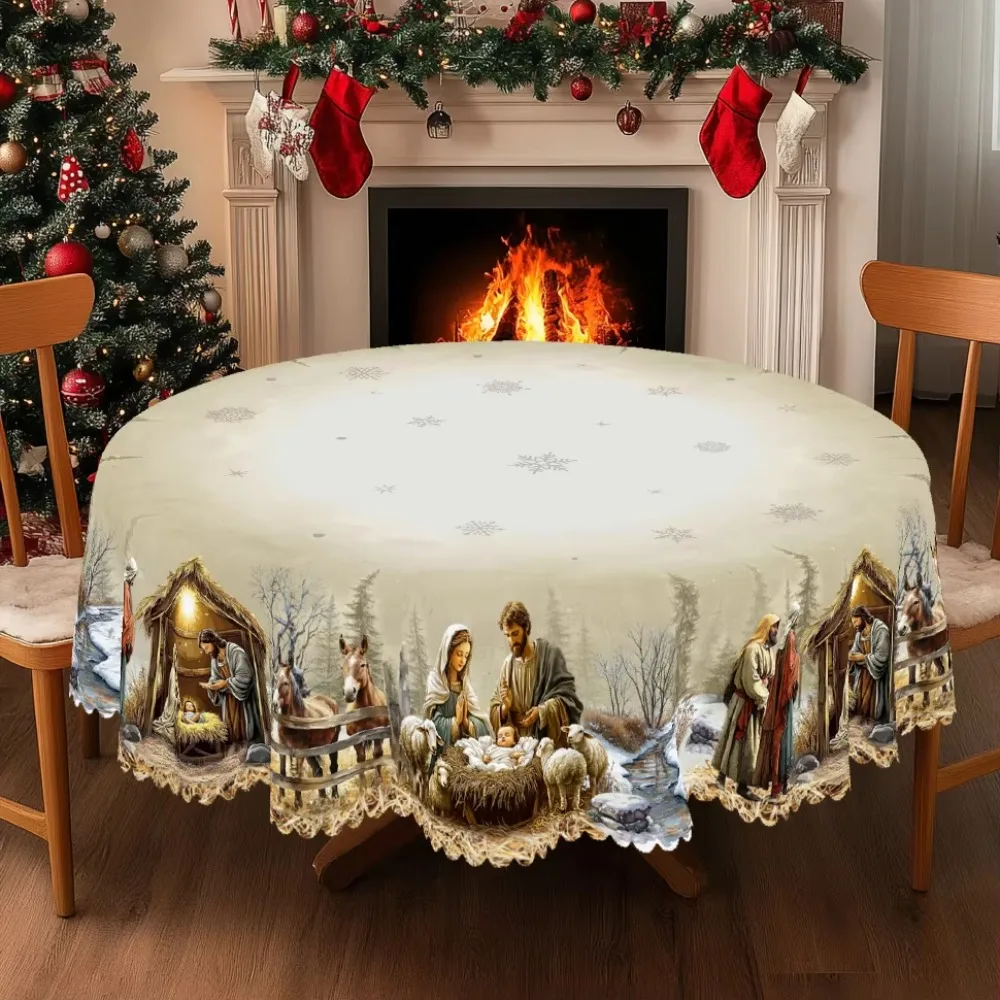 Round/Rectangular Christmas Nativity Scene Tablecloth Retro Waterproof Religious Tablecloth Stain-resistant Polyester