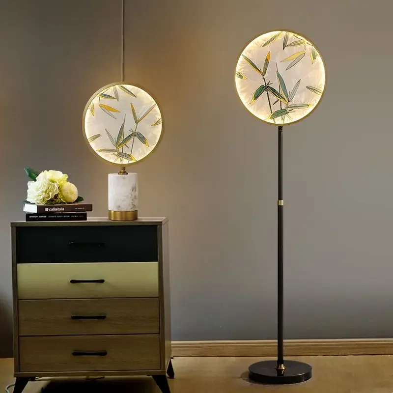 New Chinese style floor lamp marble all copper light luxury living room bedroom Chinese style glass enamel color bedside lamp