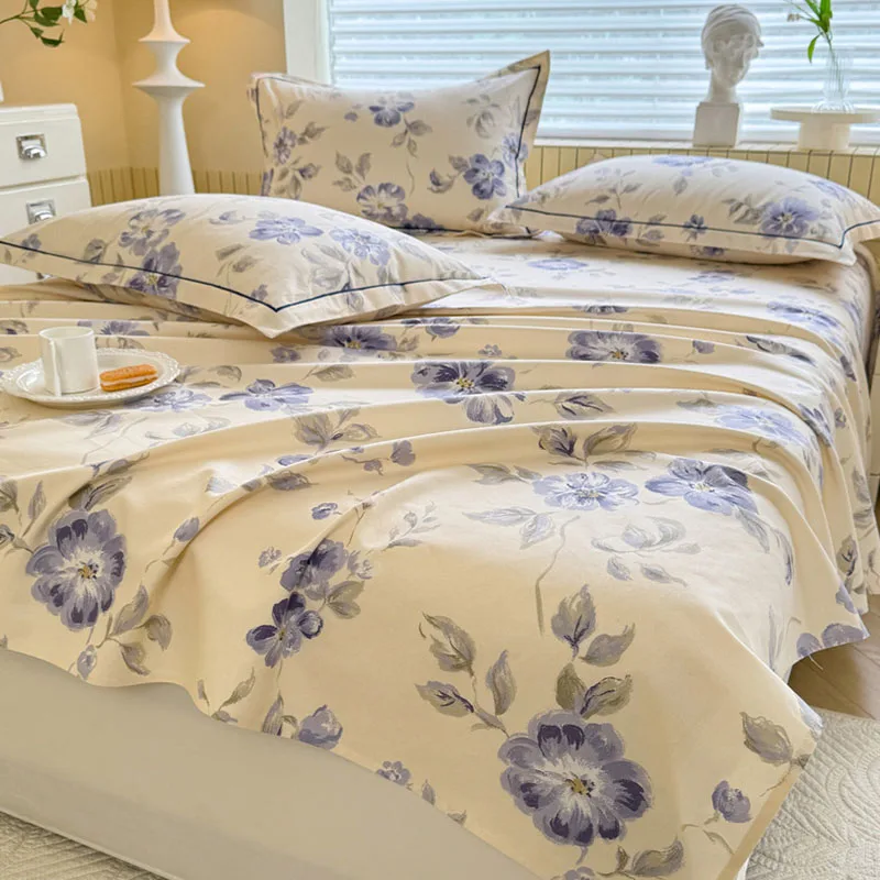 Super Large Pure Cotton Coarse Fabric Bed Cover Single Piece Flower Print Thick Mattress Protector Soft Breathable Cooling Mat