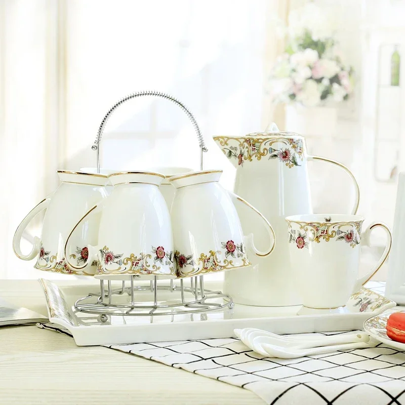 8pcs Set, Real Bone China Tea Set with Steel Stander, Porcelain Cafetera Nespresso Coffee Set, Vintage English Tea Set, Ceramic