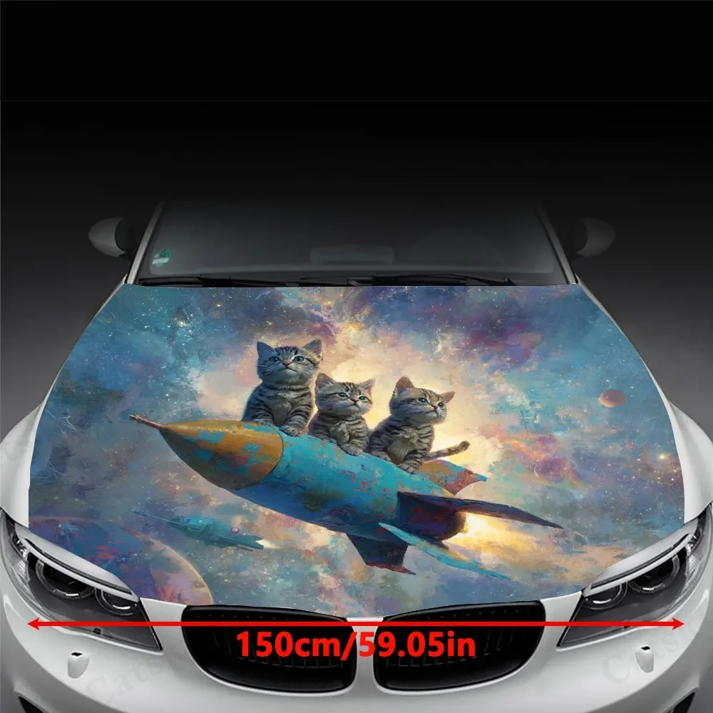Rocket Cat Car Engine Cover Protective Film, Durable Ethylene Packaging Printed Stickers, DIY Waterproof Car Film, Suitable For