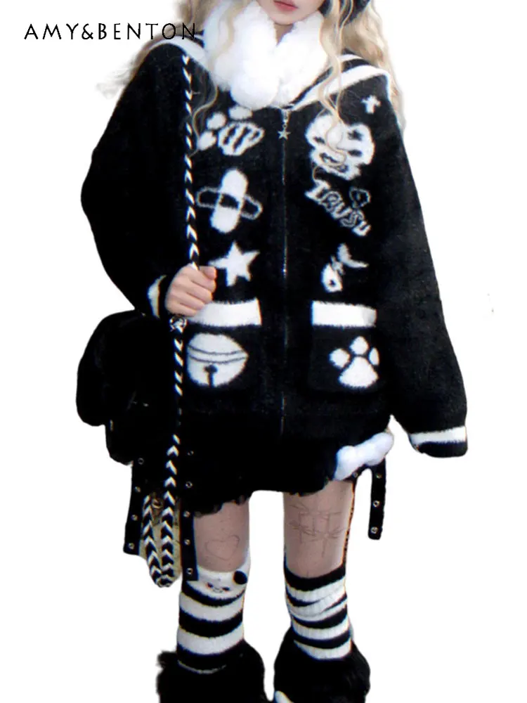 

Autumn Winter Subculture Y2K Japanese Style Women's Black and White Cute Fluffy Sailor Collar Loose Casual Sweater