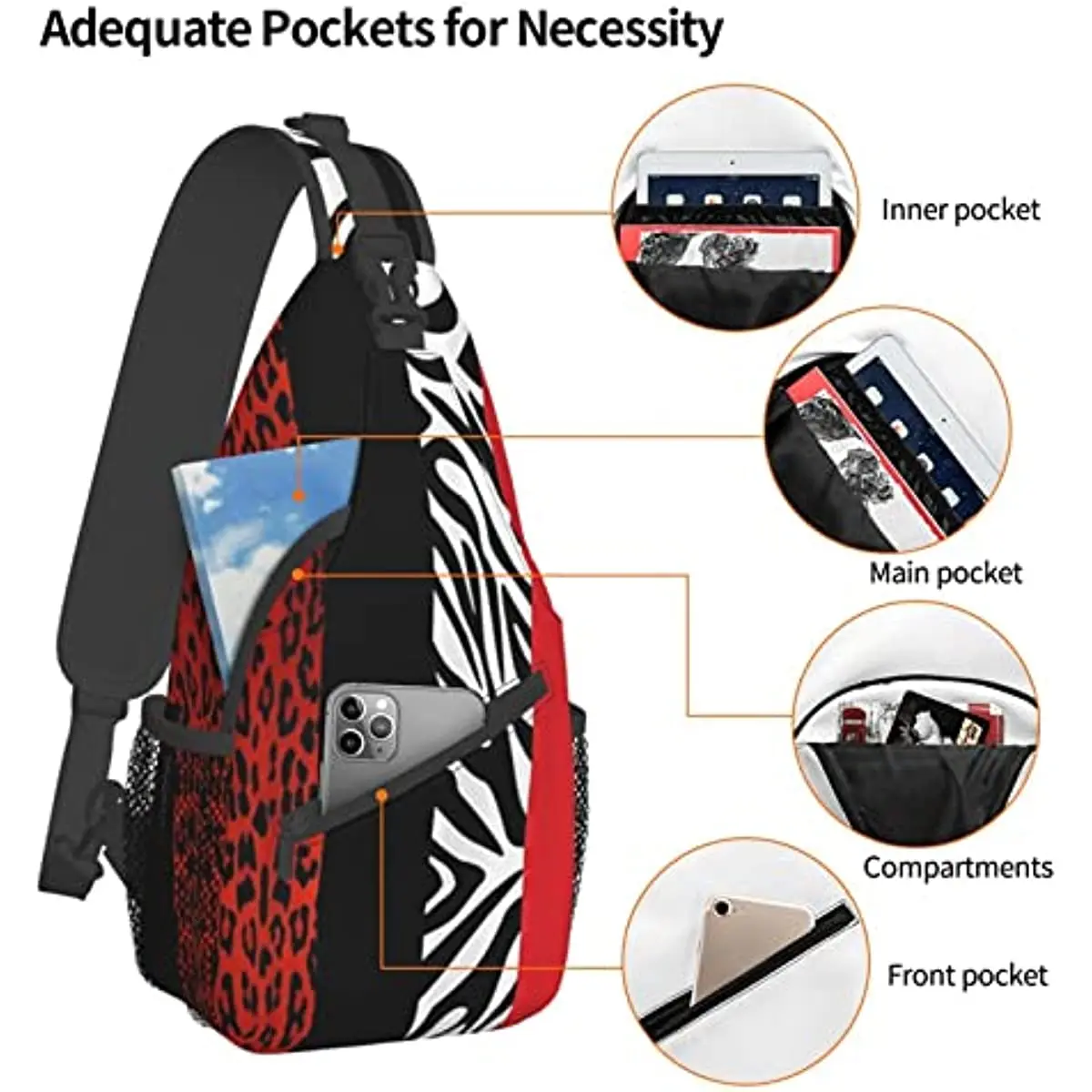 Red Leopard and Zebra Animal Cross Chest Bag Diagonally Sling Backpack Travel Hiking Cycling Bag Crossbody Shoulder Bag Casual