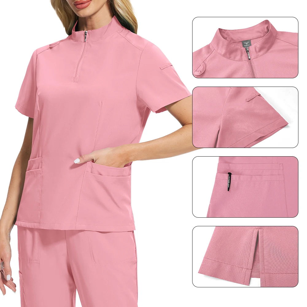 Uniformes de gommage pour femmes, ensemble de travail d'hôpital pour animaux de compagnie, hauts et pantalons extensibles avec multi-poches, ceinture de Yoga, uniformes de travail pour dentisterie