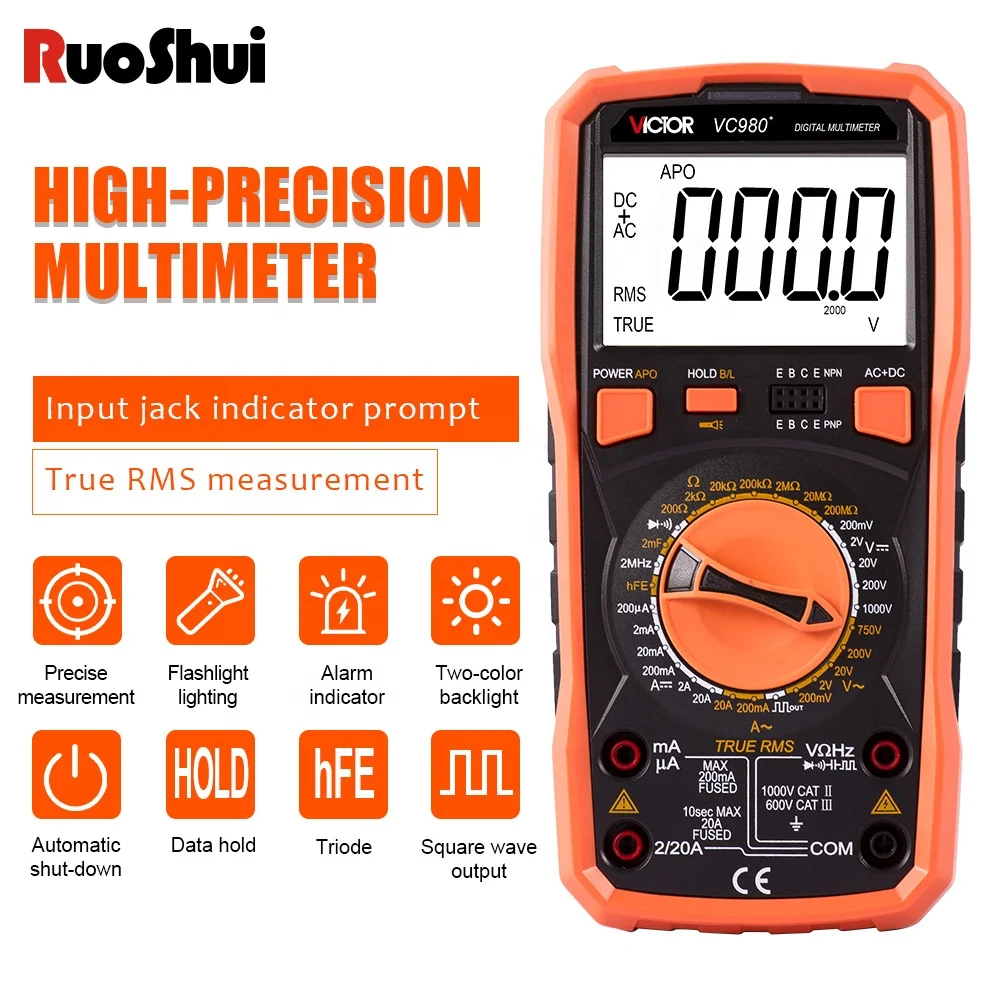 

RuoShui 980+ Multimeter 20000 Counts True RMS Digital Capacitance and Resistance Meter AC/DC Voltmeter Current Backlight Tester