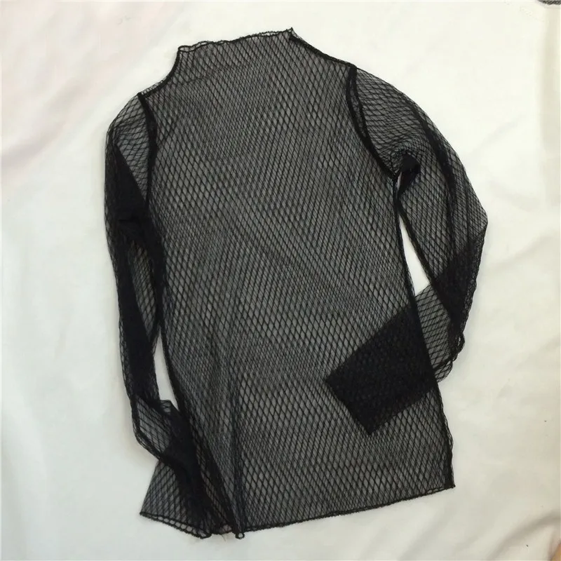 Women Lace Floral T Shirt Transparent Mesh Ladies Tops Sheer Blouses Autumn See-Through Turtleneck Black Long Sleeve T shirt