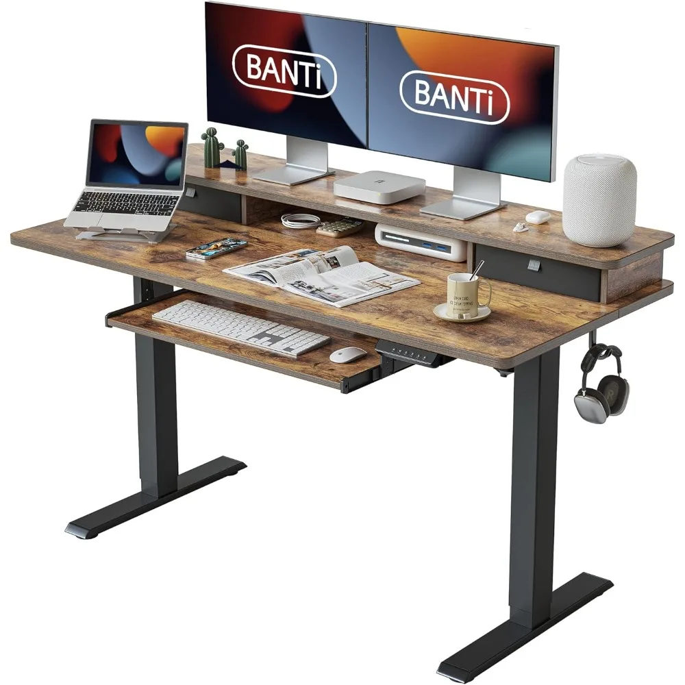 Height Adjustable Electric Standing Desk with Keyboard Tray, Home Office Desk Computer Workstation with Storage Shelf