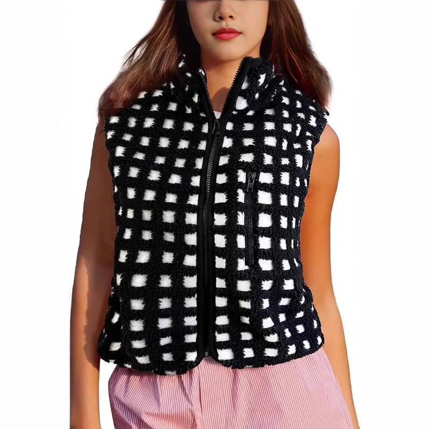 Women's Plaid Gilet Fluffy Vest Vintage Sleeveless Stand Collar Checkered Zip Up Short Body Warmer Autumn New Fall Y2K Outwear