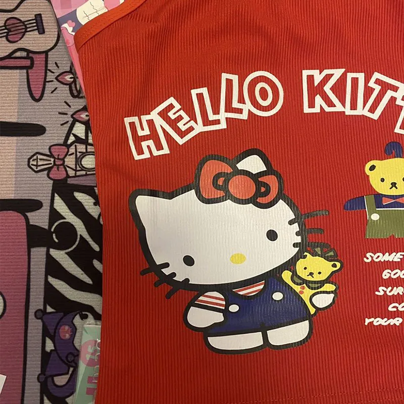 Sanrio-Camiseta sin mangas de Hello Kitty para mujer, camiseta Sexy Y2k, chaleco para niña, camisola de moda, ropa de verano sin mangas, Tops de calle, regalo