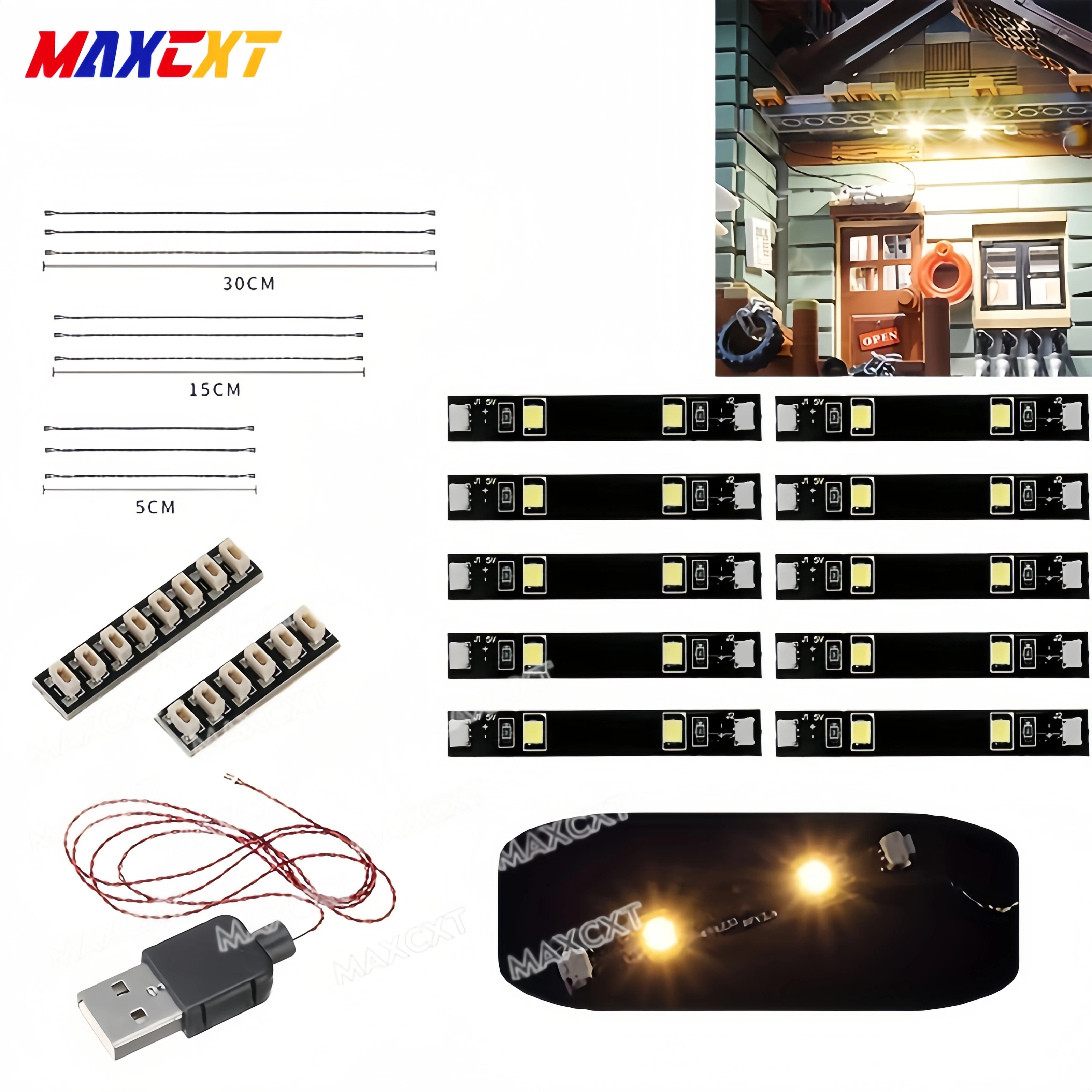 

MAXCXT MOC 10Pcs Lights Strip with 6/8 Pin Socket and 5/15/20CM Connecting Cable Powered By 50cm USB Cable Suitable
