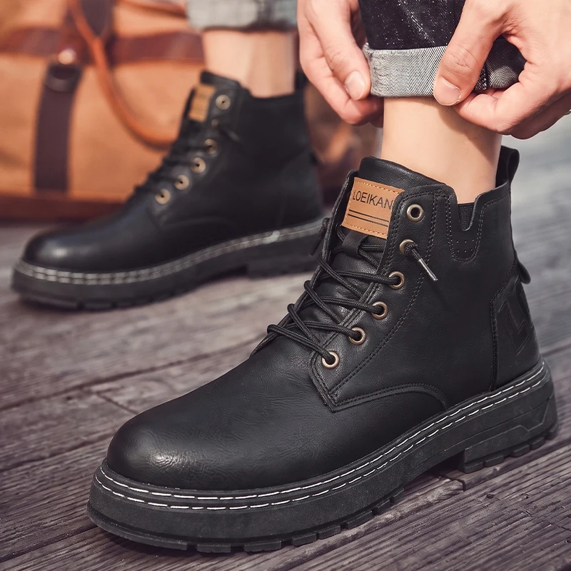 Herren High-Top Freizeitstiefel aus Kunstleder mit Schnürung, dicker rutschfester Blocksohle und genähten Details für den täglichen Einsatz in der Stadt. – Detail 3