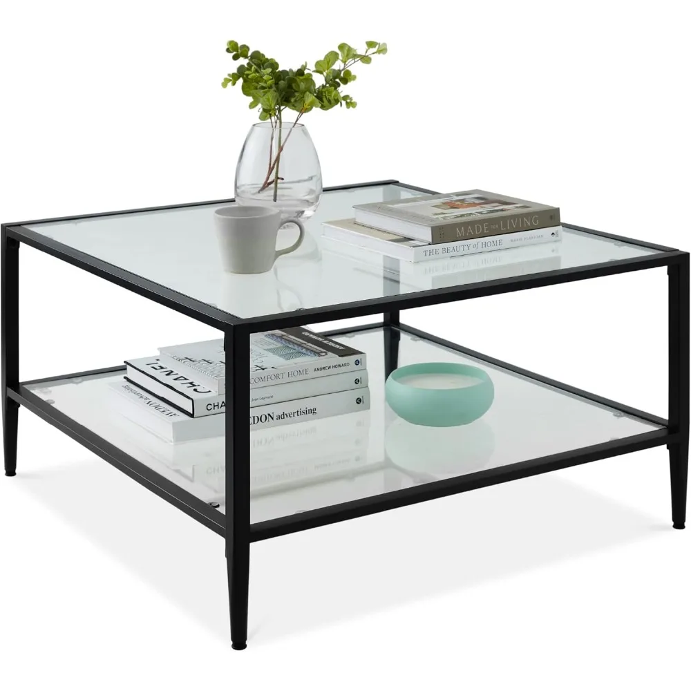 Best Choice Products 32” Square Glass Coffee Table, Large 2-Tier Accent Furniture Bedroom w/Metal Frame, Glass Shelves - Black