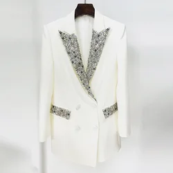 Quality Autumn Winter Fashion Beading Diamonds Blazer Women Suit Coat White Long Sleeve Double Breasted Long Blazer Office Lady