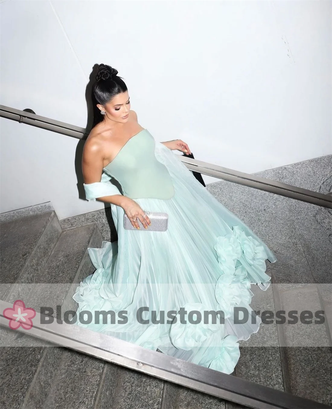 Blooms Light Green Strapless Customized Evening Dress with 3D Flowers A-line Arabic Women Shawl Wedding Prom Dress Gown